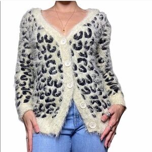 POL Cream and Black Fuzzy Cardigan